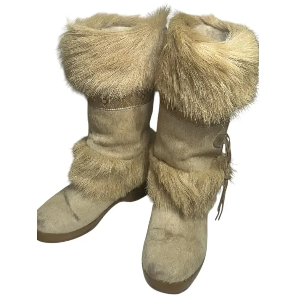 Tecnica Vintage 1973 Sz 7.5 Tan Skandia Pony Hair Fur Trim Mid Calf Winter Boots